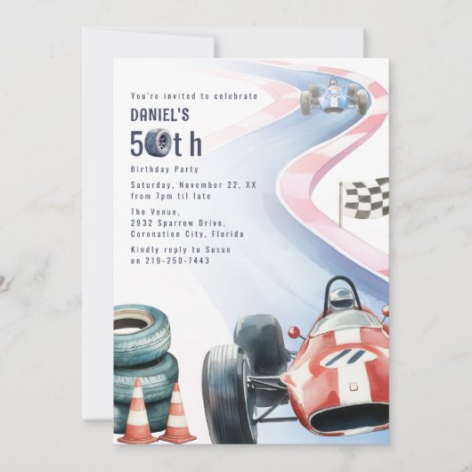 レースをテーマにした50歳の誕生日パーティー 招待状 (正面)