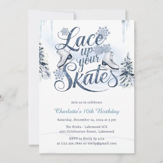 レースアップザスケートウィンターアイススケートで滑る誕生日 招待状 (正面)