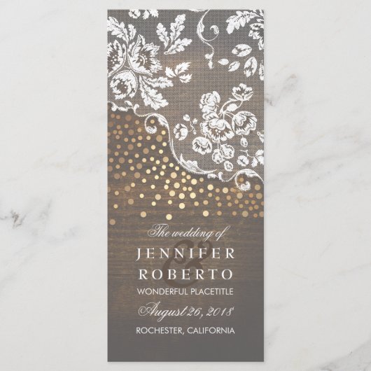 レースアンドウッド金ゴールド紙吹雪素朴結婚式 プログラム (正面)