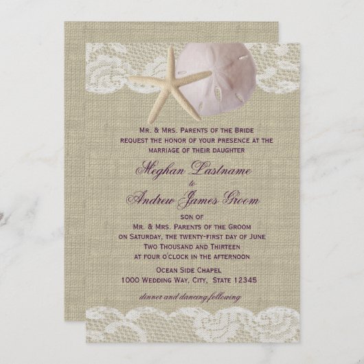 レースアンドサンドドルビーチ結婚式 招待状 (正面/裏面)