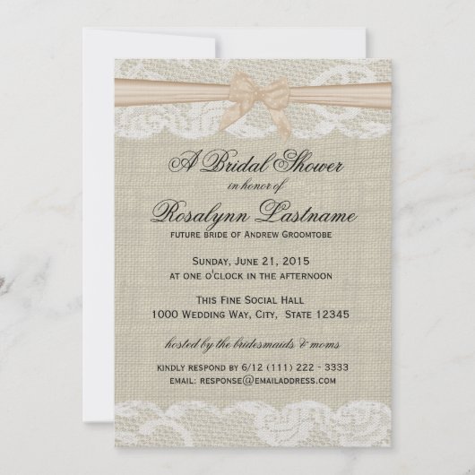 レースアンドバーラップとピーチボウブライダルシャワー 招待状 (正面)