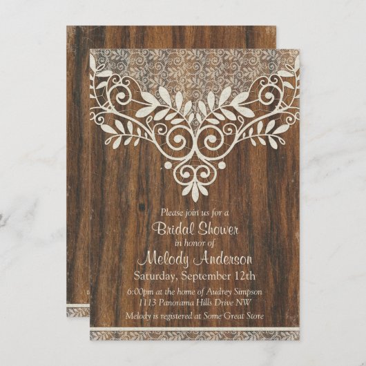 レースウッド素朴ヴィンテージアイボリーブライダルシャワー 招待状 (正面/裏面)