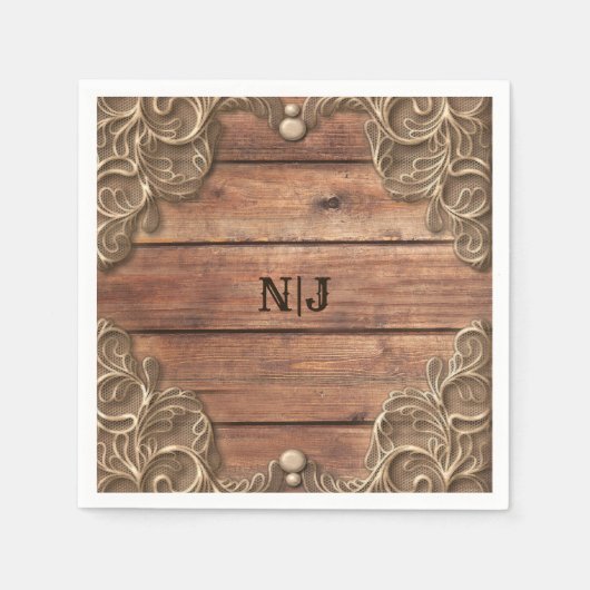 レースウッド素朴ヴィンテージウェスタンエレガントウェディング スタンダードカクテルナプキン (正面)