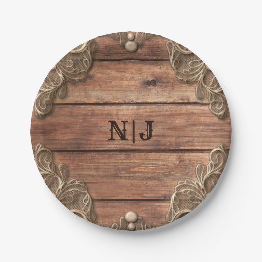 レースウッド素朴ヴィンテージウェスタンエレガントウェディング ペーパープレート (正面)