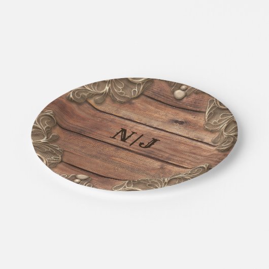 レースウッド素朴ヴィンテージウェスタンエレガントウェディング ペーパープレート (アングル)