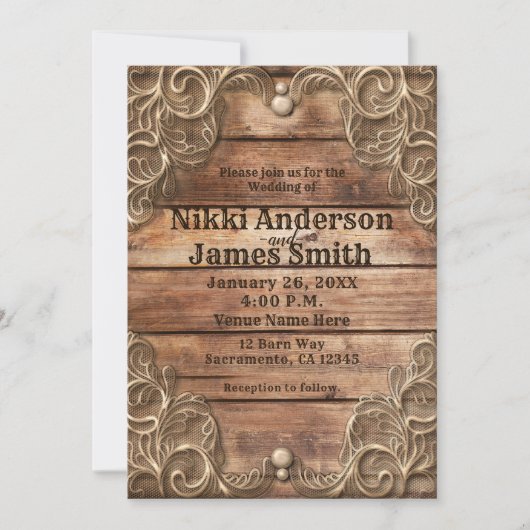 レースウッド素朴ヴィンテージウェスタンエレガントウェディング 招待状 (正面)