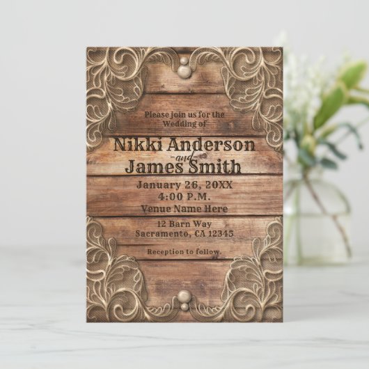 レースウッド素朴ヴィンテージウェスタンエレガントウェディング 招待状 (スタンド正面)
