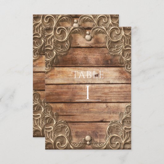 レースウッド素朴ヴィンテージ西テーブル番号 招待状 (正面/裏面)