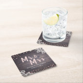 レースウッド赤面グリッターミスター・アンド・ミセス結婚・ルステック スクエアペーパーコースター (インサイチュ)