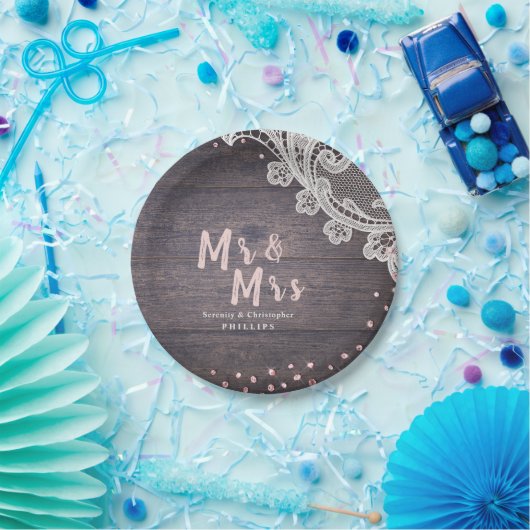 レースウッド赤面グリッターミスター・アンド・ミセス結婚・ルステック ペーパープレート (パーティー)