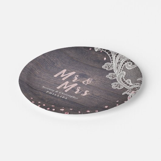 レースウッド赤面グリッターミスター・アンド・ミセス結婚・ルステック ペーパープレート (アングル)