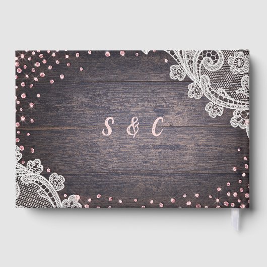 レースエレガントと木材赤面グリッターラスティック結婚ズ ゲストブック (裏面)
