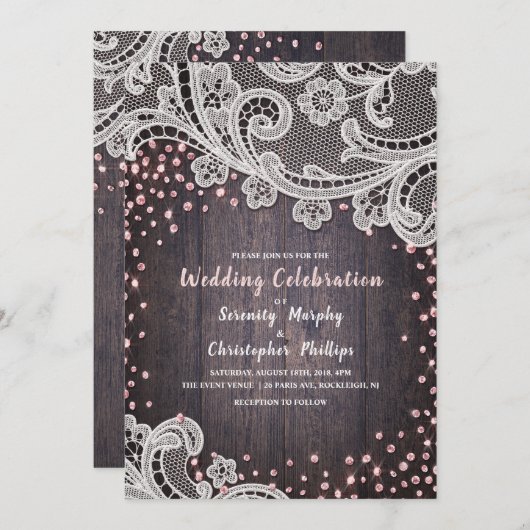 レースエレガントと木材赤面グリッターラスティック結婚ズ 招待状 (正面/裏面)