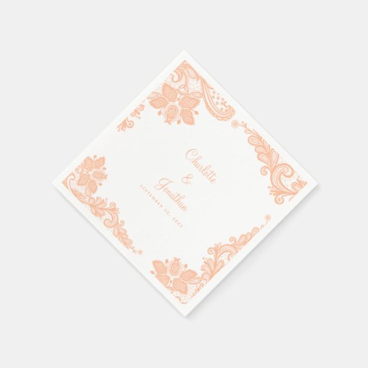 レースエレガントの結婚婚約新郎新婦ピーチ スタンダードカクテルナプキン (角)