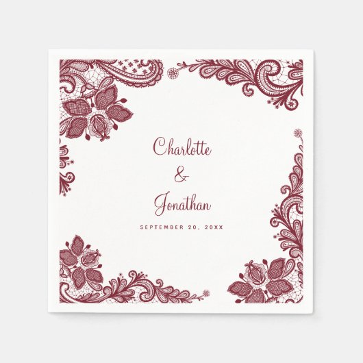 レースエレガントの結婚婚約新郎新婦レッド スタンダードカクテルナプキン (正面)