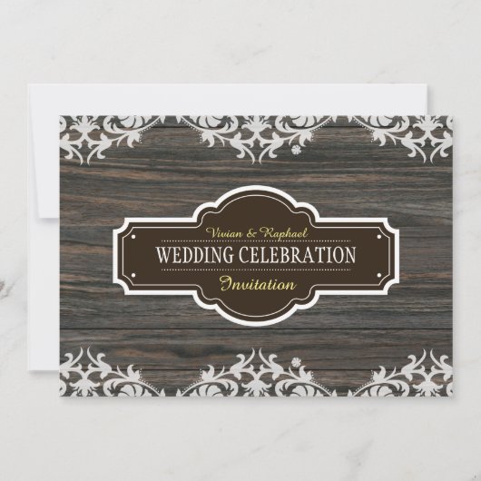 レースエレガントオーナメントとウッド結婚式招待状 招待状 (正面)