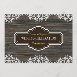 レースエレガントオーナメントとウッド結婚式招待状 招待状