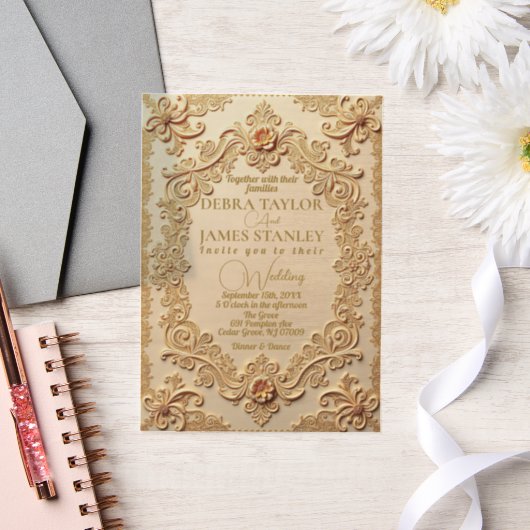 レースエレガントビクトリアン | ヴィンテージ結婚金ゴールド ベラム紙招待状 (ウェディング)