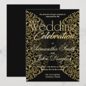 レースエレガントブラック&金ゴールドミニマモダンリスト 招待状 (正面/裏面)