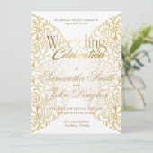 レースエレガントホワイト&金ゴールドミニマモダンリスト 招待状 (スタンド正面)