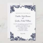 レースエレガント結婚の写真カスタム青ホワイトシック 招待状 (正面)