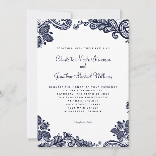 レースエレガント結婚の写真カスタム青ホワイトシック 招待状 (正面)