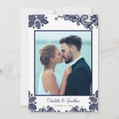 レースエレガント結婚の写真カスタム青ホワイトシック 招待状 (裏面)