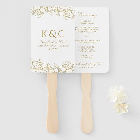 レースエレガント結婚式 プログラムファン |ヴィンテージ(金ゴールド) ハンドファン (正面&裏面)