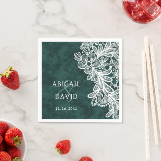 レースオンエメラルドグリーンフェイクベルベ結婚ット スタンダードカクテルナプキン (インサイチュ)