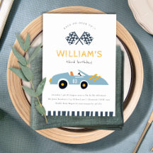 レースオンオーバーレーシングカー任意の年齢誕生日招待状