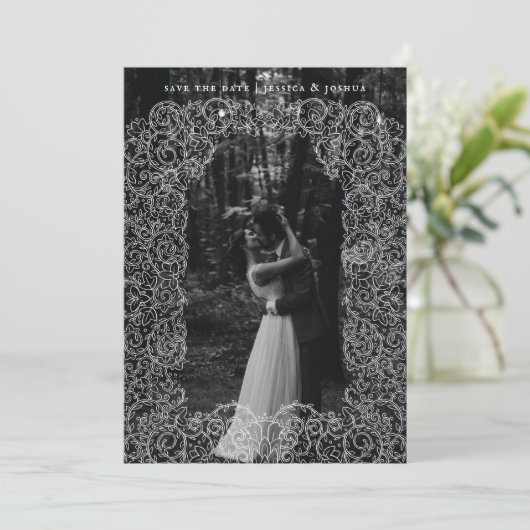 レースオーバーレイ結婚の写真日付を保存 サンキューカード (スタンド正面)