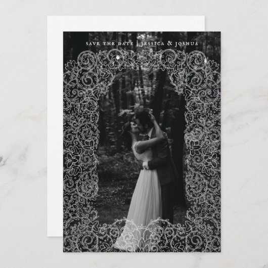 レースオーバーレイ結婚の写真日付を保存 サンキューカード (正面/裏面)