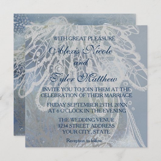 レースカップルのシルエット結婚ブルー 招待状 (正面/裏面)