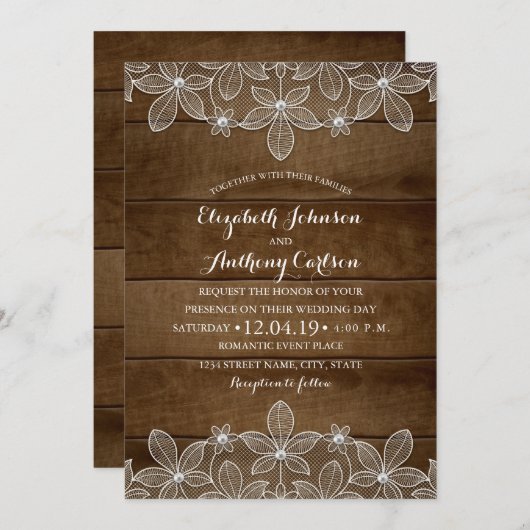 レースカントリー素朴ウッドヴィンテージラグジュアリー結婚ズ 招待状 (正面/裏面)