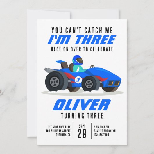 レースカーが私に3回目の誕生日パーティーをキャッチできない 招待状 (正面)