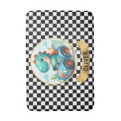 レースカーで走るのかわいいディノパーソナライズされた バスマット (正面縦)