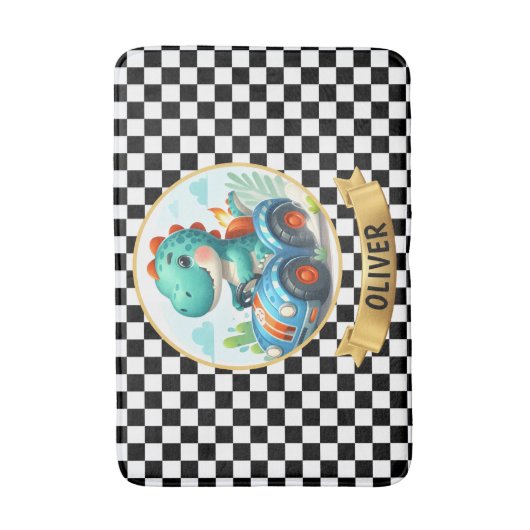 レースカーで走るのかわいいディノパーソナライズされた バスマット (正面縦)