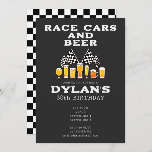 レースカーとビールフラッグ市松模様にレーシー誕生日 招待状 (正面/裏面)