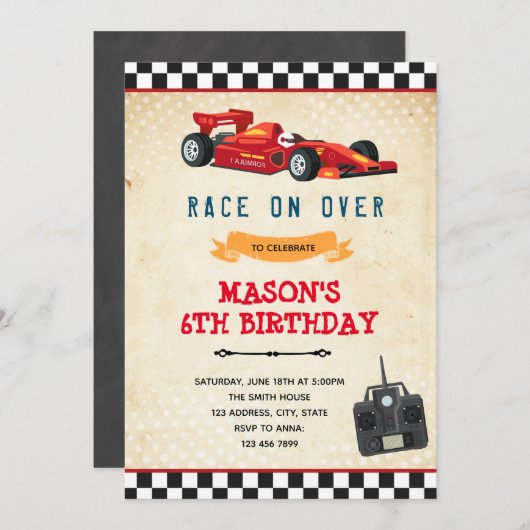 レースカーのおもちゃの誕生日招待状 招待状 (正面/裏面)