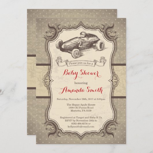 レースカーのベビーシャワーの招待状のヴィンテージのレトロ 招待状 (正面/裏面)