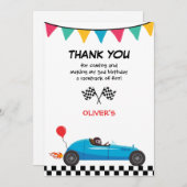 レースカーの子供の誕生日パーティーお礼カード 男の子用 サンキューカード (正面/裏面)