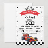 レースカーの子供の誕生日 招待状 (正面/裏面)