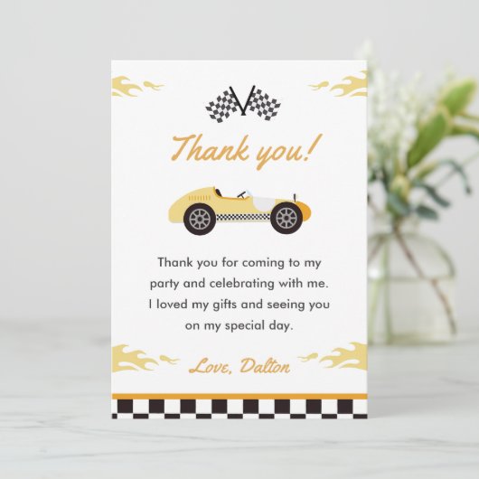 レースカーの男の子の誕生日パーティー サンキューカード 招待状 (スタンド正面)
