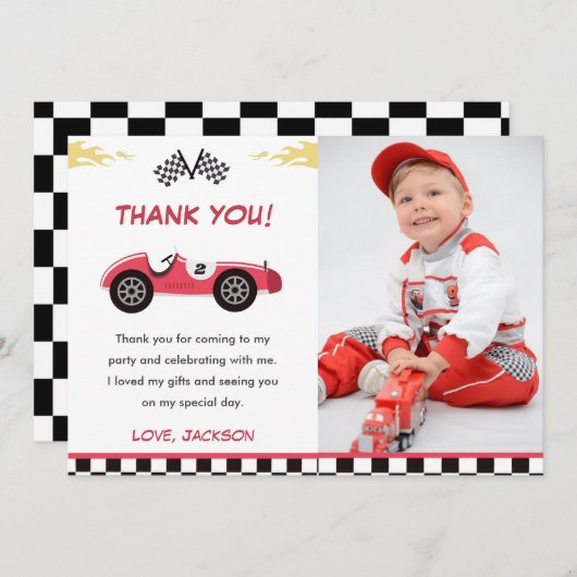 レースカーの男の子の誕生日パーティー サンキューカード 招待状 (正面/裏面)