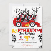 レースカーの誕生日、車の誕生日、レースカーのパーティー 招待状 (正面)