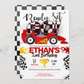 レースカーの誕生日、車の誕生日、レースカーのパーティー 招待状 (正面/裏面)