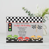 レースカーのRacecar Brithdayの男の子の誕生日の招待状 招待状 (スタンド正面)