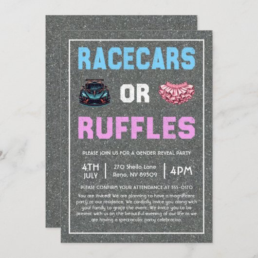 レースカーまたはラッフルズ性別の表示 招待状 (正面/裏面)