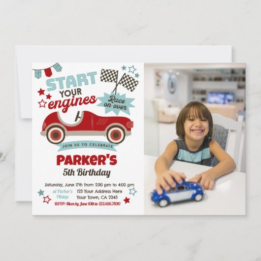 レースカーをテーマにしたパーティの招待状（写真あり） 招待状 (正面)
