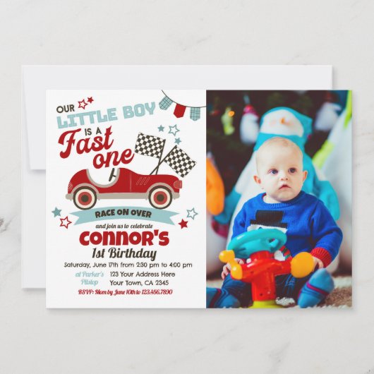 レースカーをテーマにしたパーティの招待状(2回目の誕生日) 招待状 (正面)